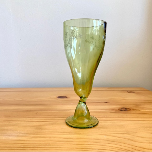 Antique Glassware Green Glass Cup Stemmed Blown Glass Etched One of a Kind! - Picture 2 of 7
